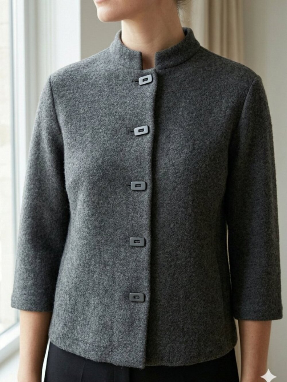 Eileen Fisher 100% Wool Crop Jacket Charcoal Grey Stand Collar Button Front Boho